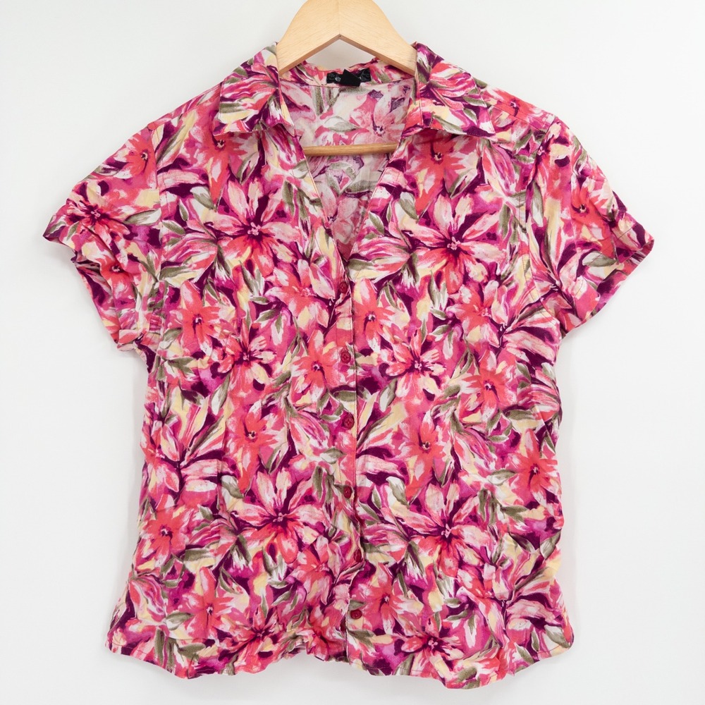 Vintage Y2K Erika Floral Button Down Shirt Womens L Pink 90s Cropped Tropical - Picture 1 of 8
